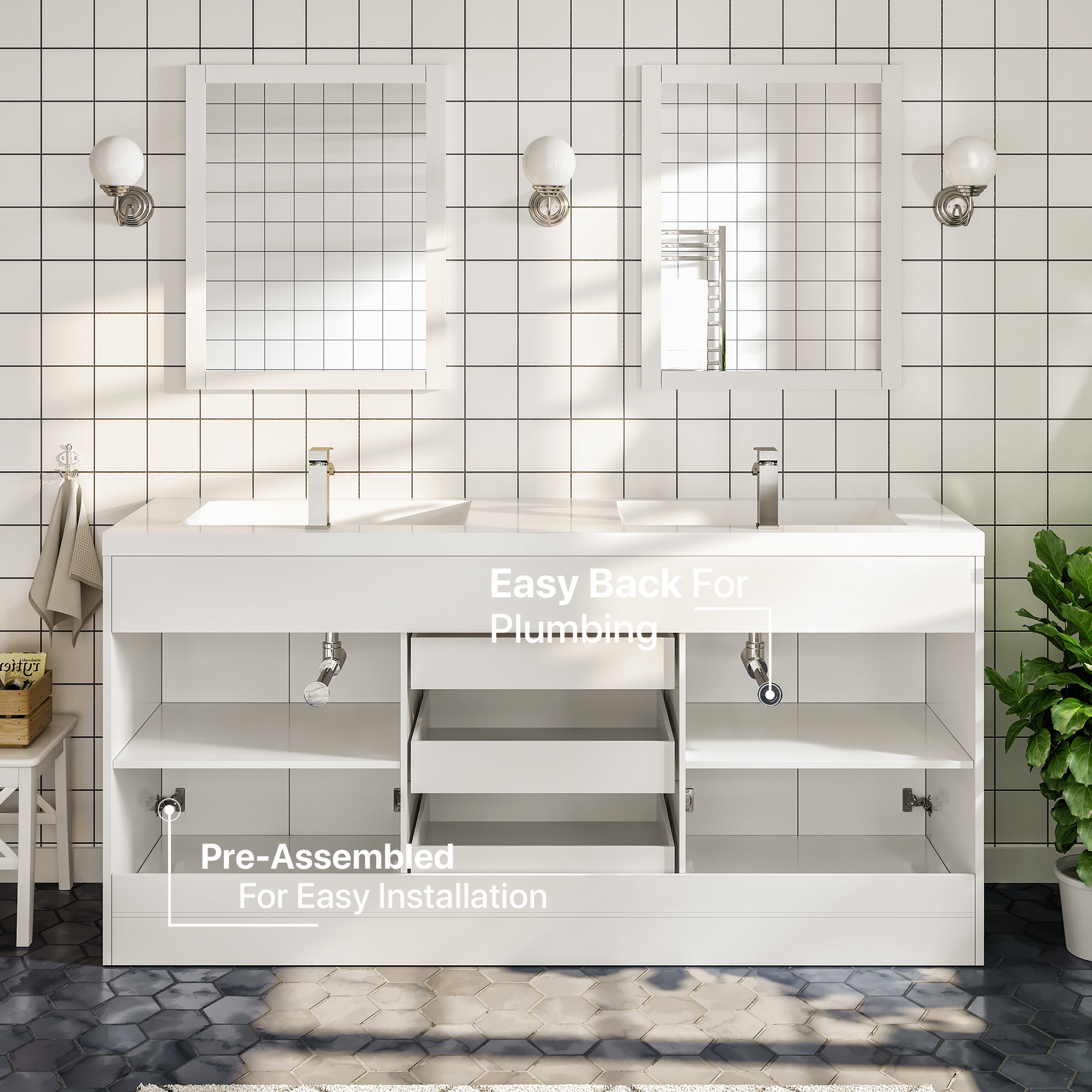 Lugano 60 in. White Double Sink Bath Vanity with Acrylic Top and Integrated Sinks
