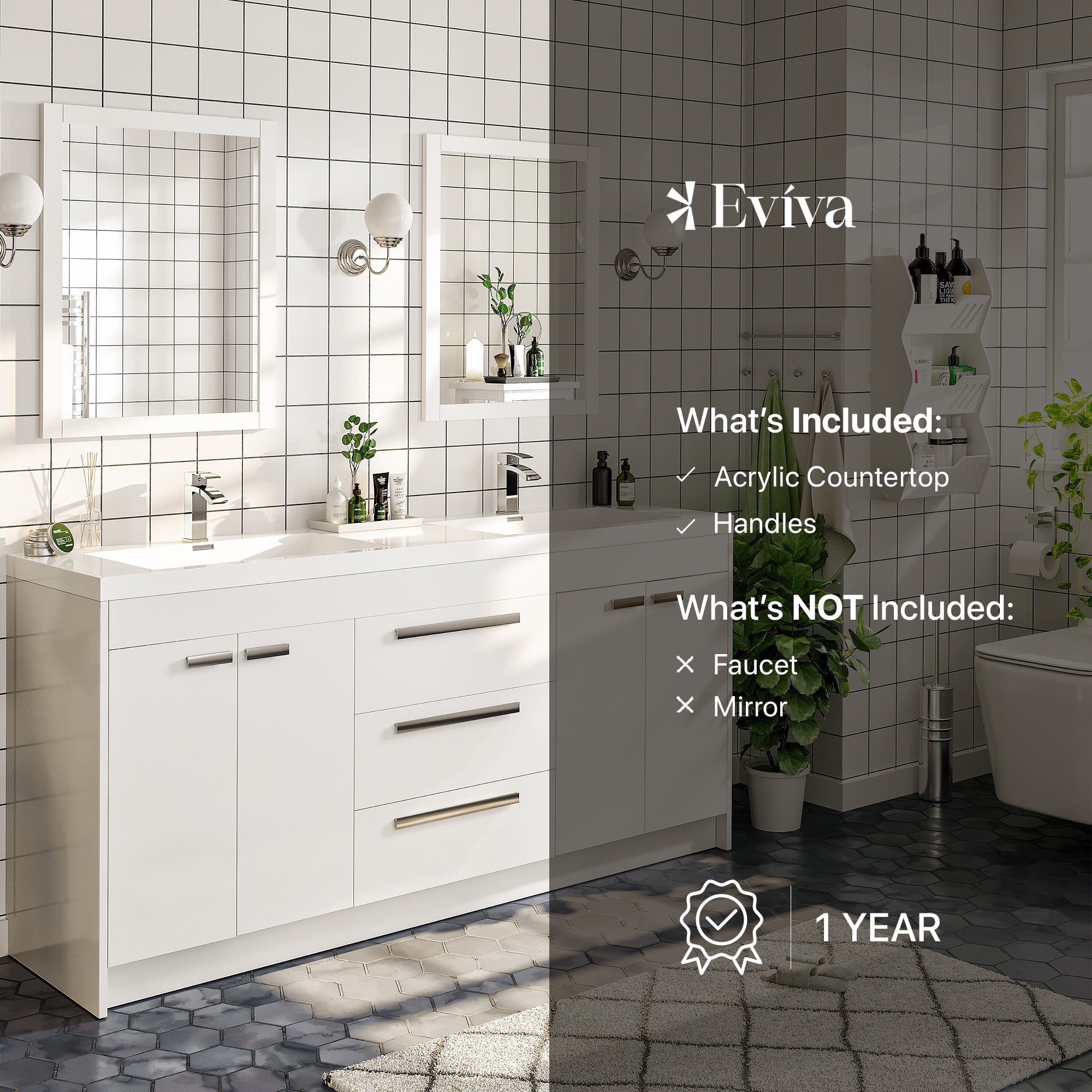 Lugano 60 in. White Double Sink Bath Vanity with Acrylic Top and Integrated Sinks