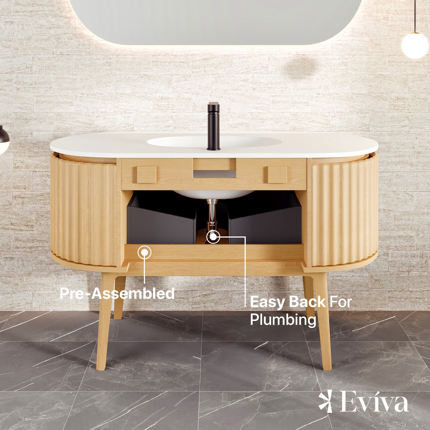 Haven 48"W x 22"D Natural Oak Bathroom Vanity with Solid Surface Countertop and Integrated Sink