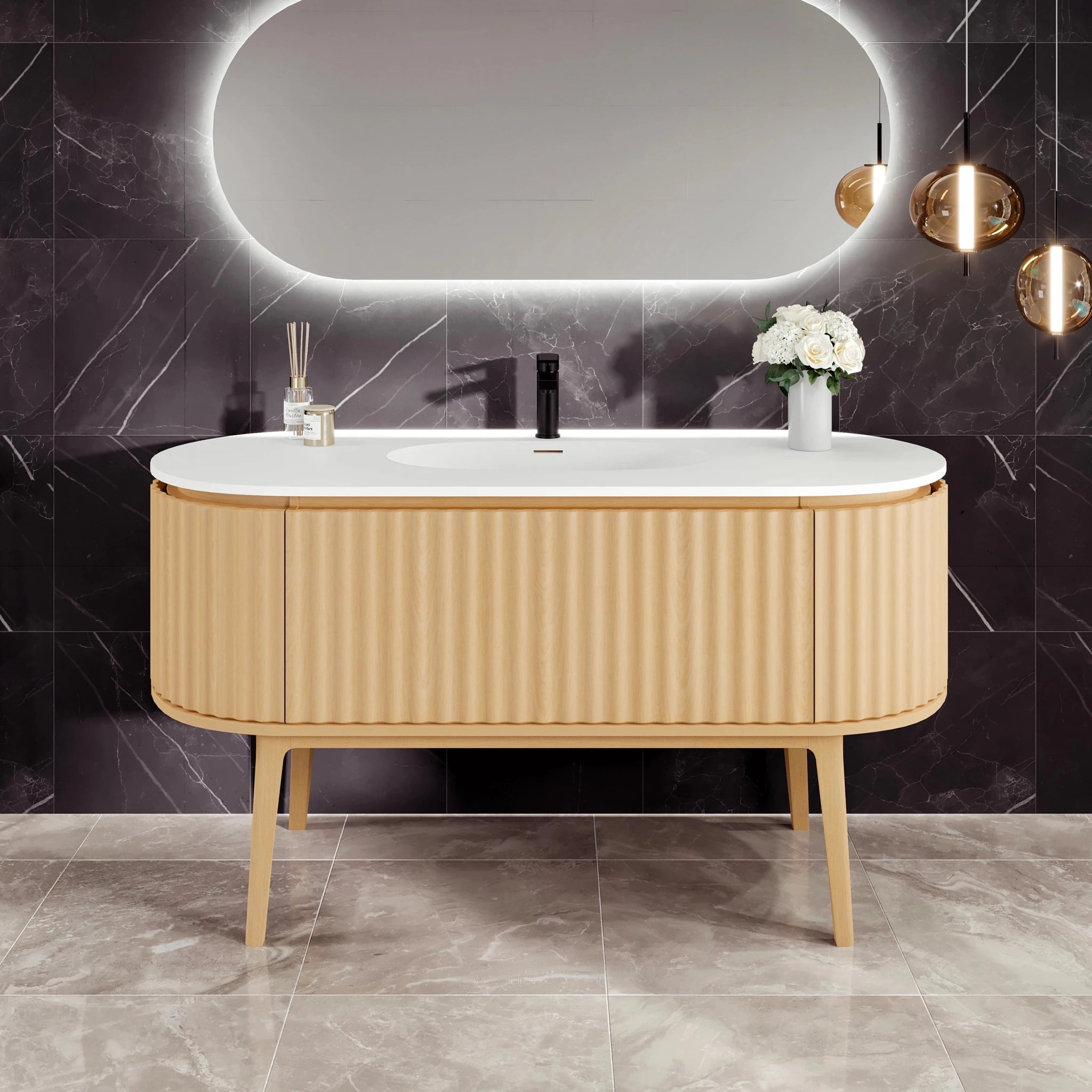 Haven 55 in. Natural Oak Freestanding Single Sink Bath Vanity with Solid Surface Top and Integrated Sink - Bathroom Vanity by Eviva