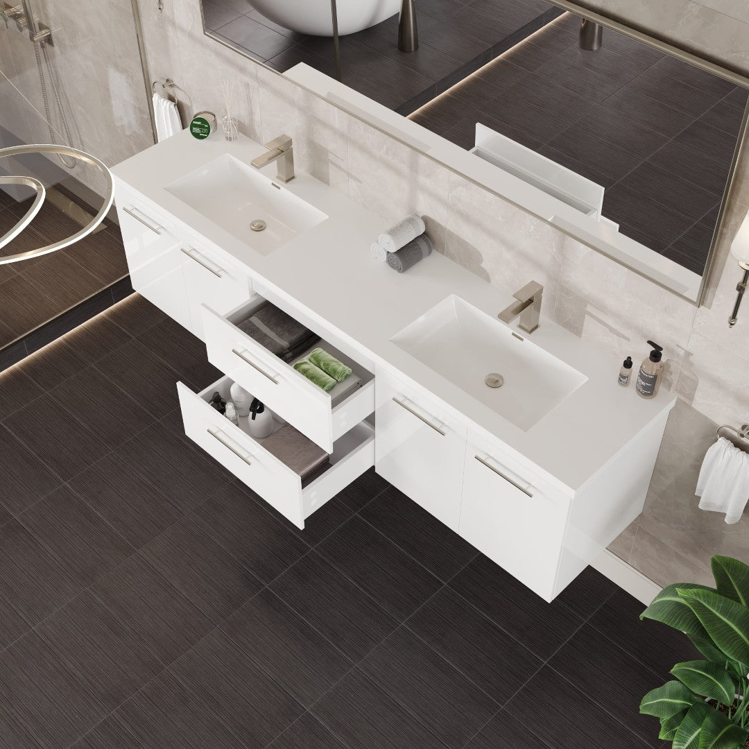 Lumina 84 in. White Wall Mount Double Sink Bath Vanity with Acrylic Top and Integrated Sinks