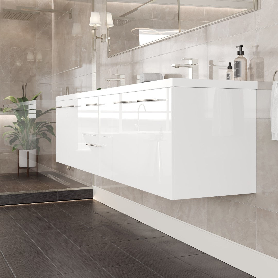 Lumina 84 in. White Wall Mount Double Sink Bath Vanity with Acrylic Top and Integrated Sinks