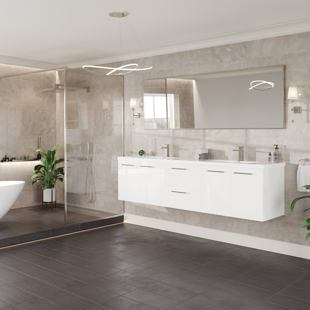 Lumina 84 in. White Wall Mount Double Sink Bath Vanity with Acrylic Top and Integrated Sinks