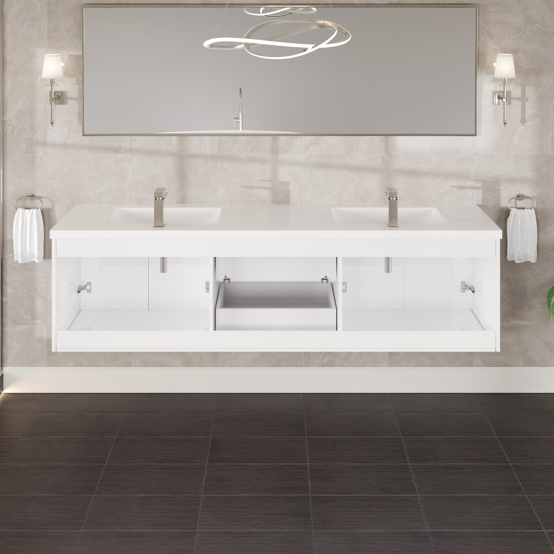 Lumina 84 in. White Wall Mount Double Sink Bath Vanity with Acrylic Top and Integrated Sinks