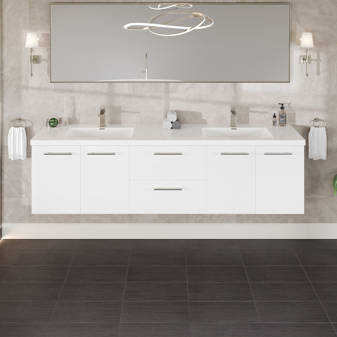 Lumina 84 in. White Wall Mount Double Sink Bath Vanity with Acrylic Top and Integrated Sinks