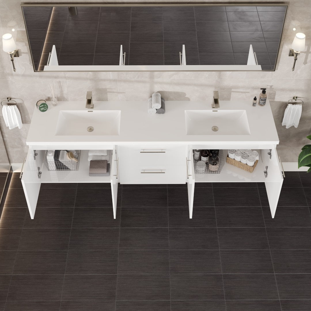 Lumina 84 in. White Wall Mount Double Sink Bath Vanity with Acrylic Top and Integrated Sinks