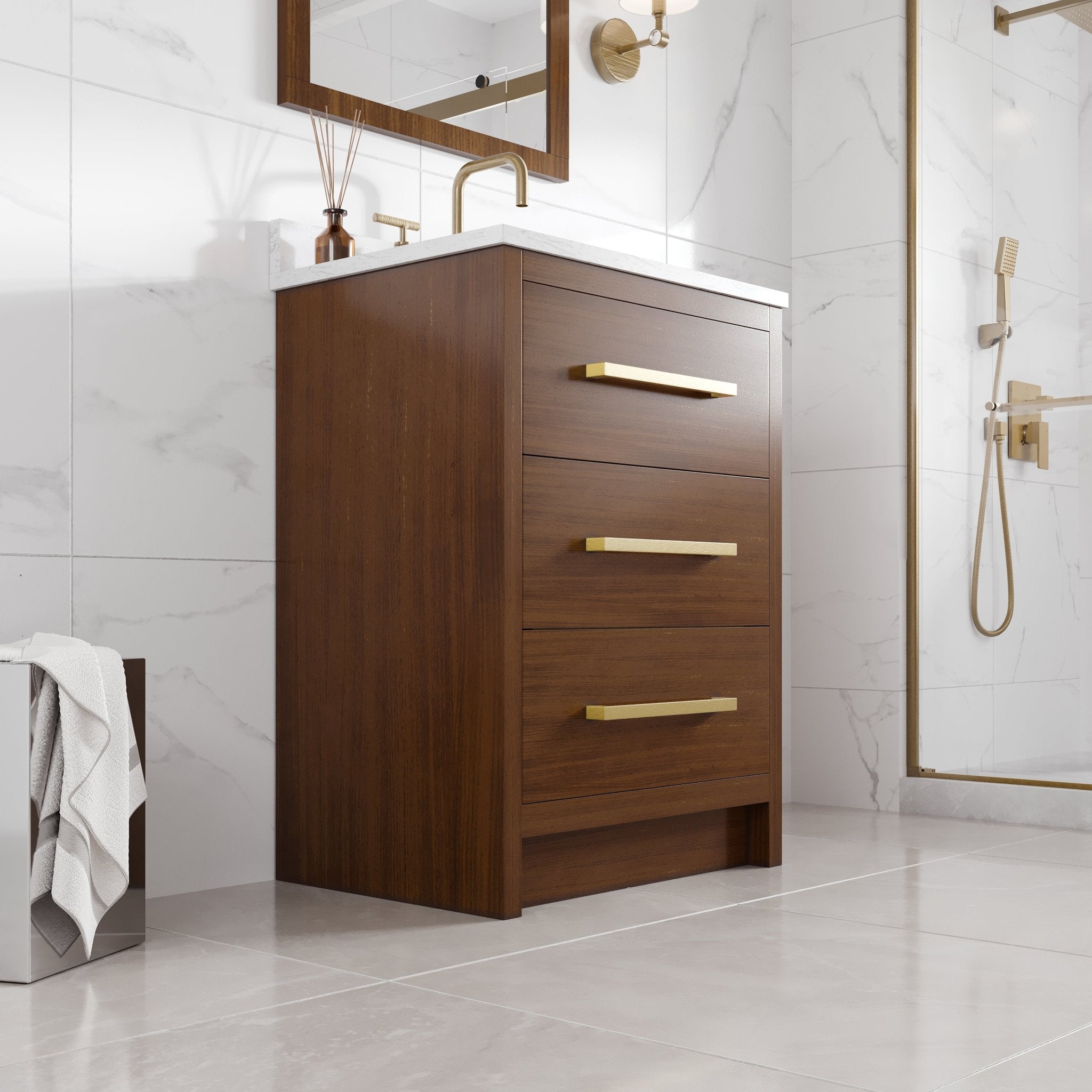 Nora 24 in. Walnut Single Sink Bath Vanity with Arabescato Engineered Stone Top and Undermount Porcelain Sink - Bathroom Vanity by Eviva