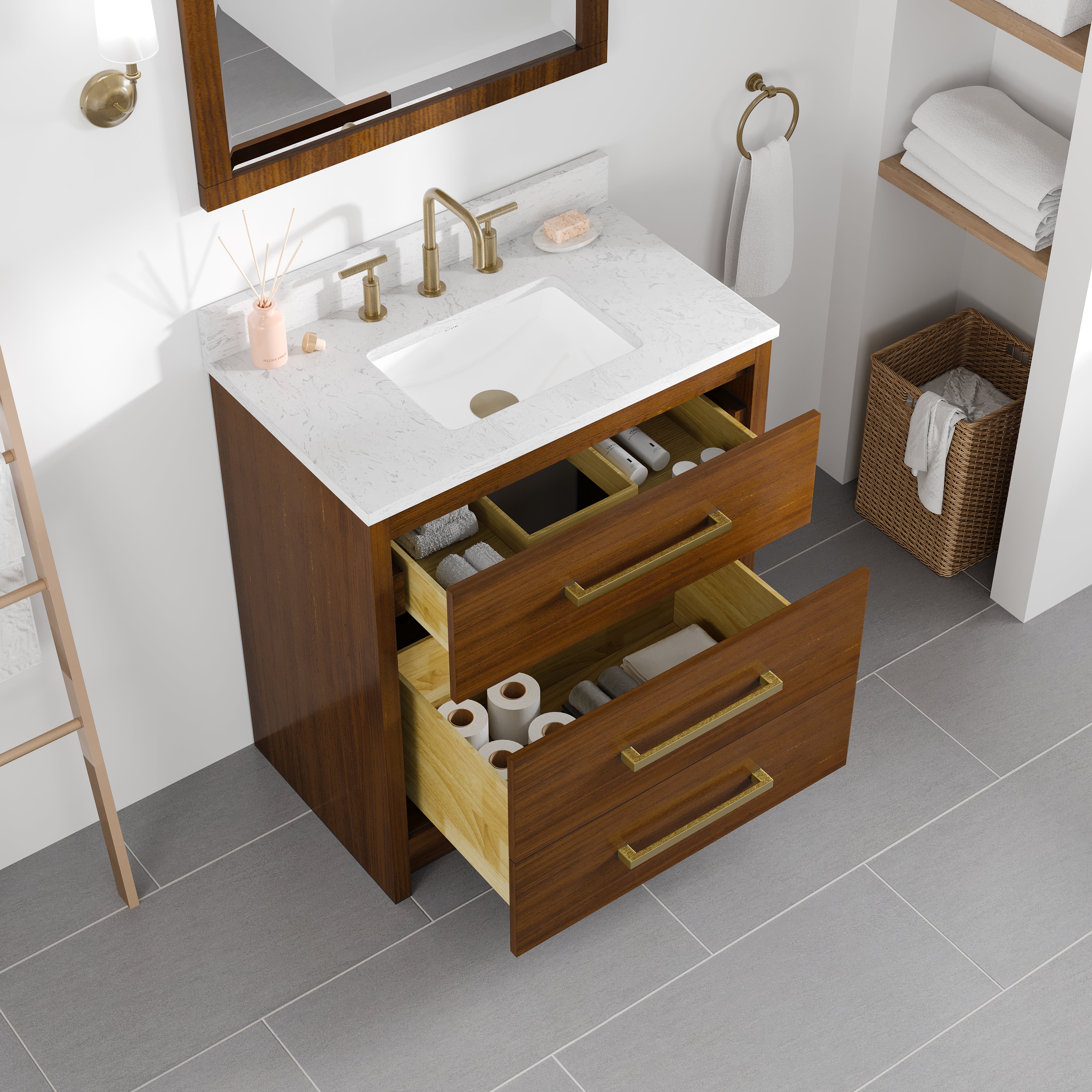 Nora 30 in. Walnut Single Sink Bath Vanity with Arabescato Engineered Stone Top and Undermount Porcelain Sink