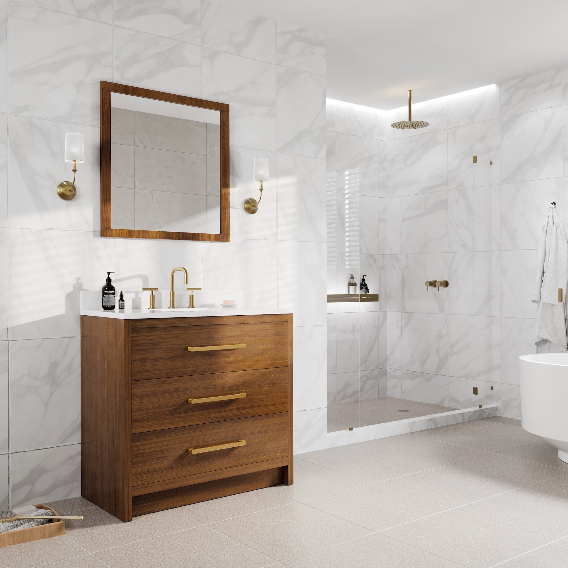Nora 36 in. Walnut Single Sink Bath Vanity with Arabescato Engineered Stone Top and Undermount Porcelain Sink - Bathroom Vanity by Eviva