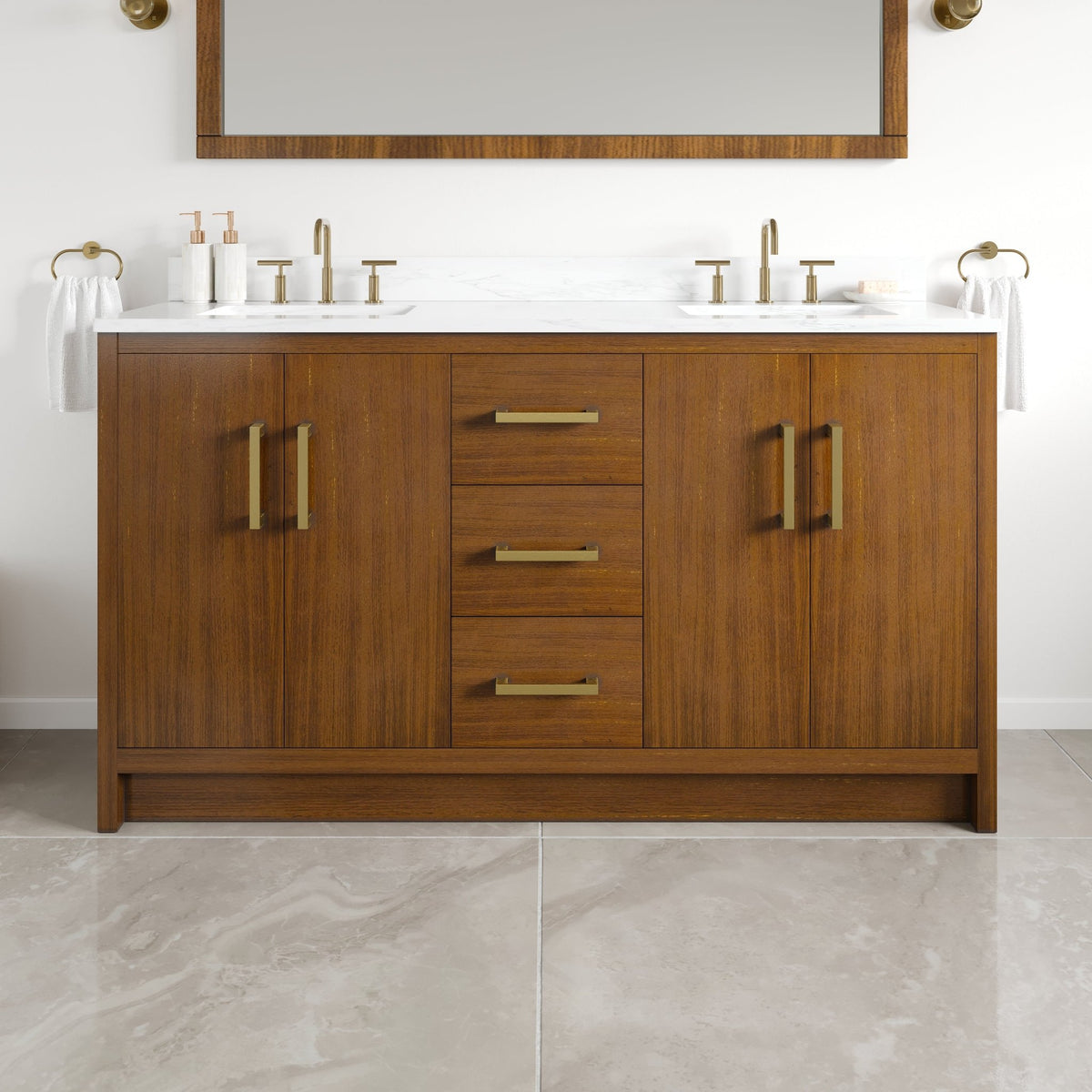 Nora 60 in. Walnut Double Sink Bath Vanity with Arabescato Engineered Stone Top and Undermount Porcelain Sinks - Bathroom Vanity by Eviva