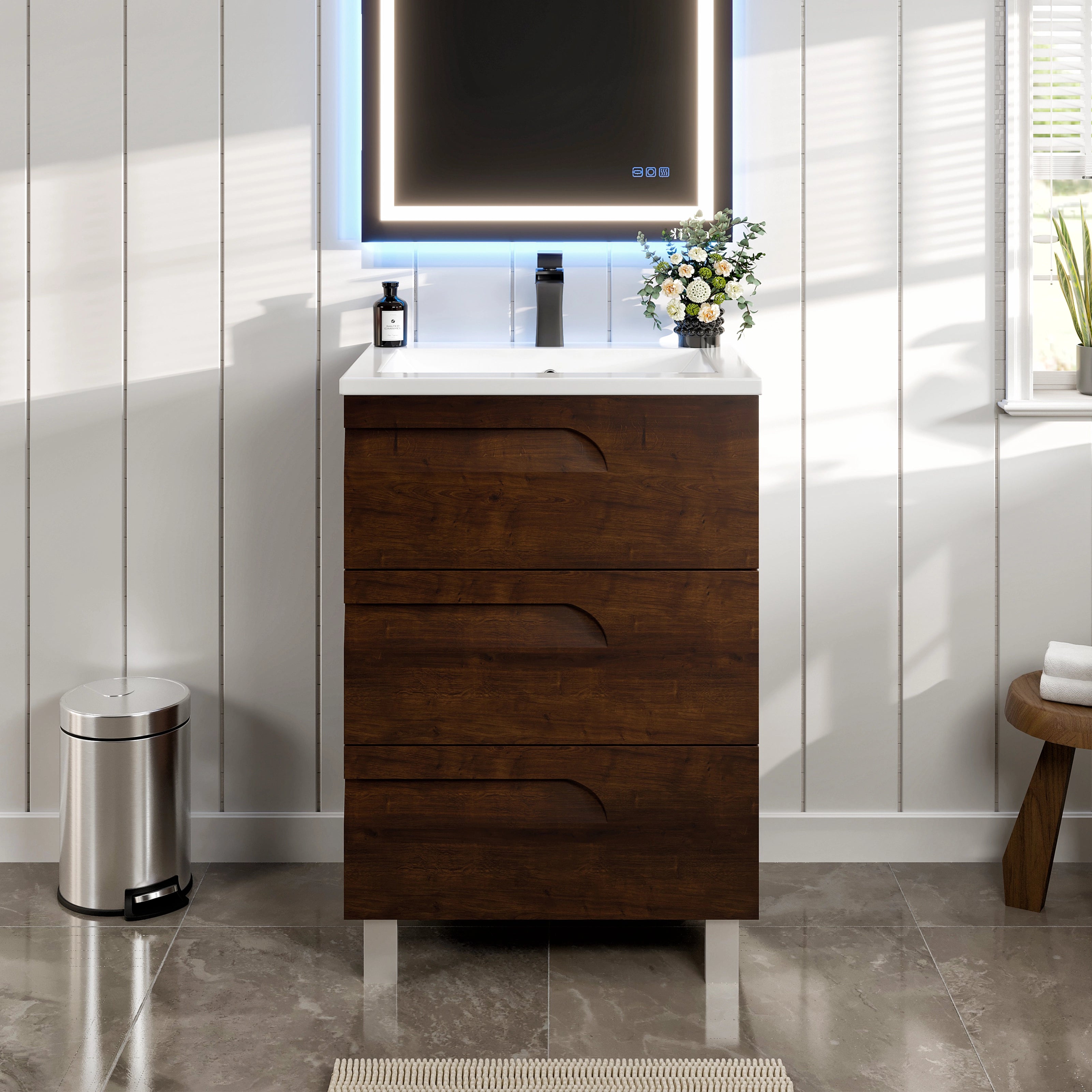 Joy 24 in. Rosewood Single Sink Bath Vanity with Porcelain Top and Integrated Sink