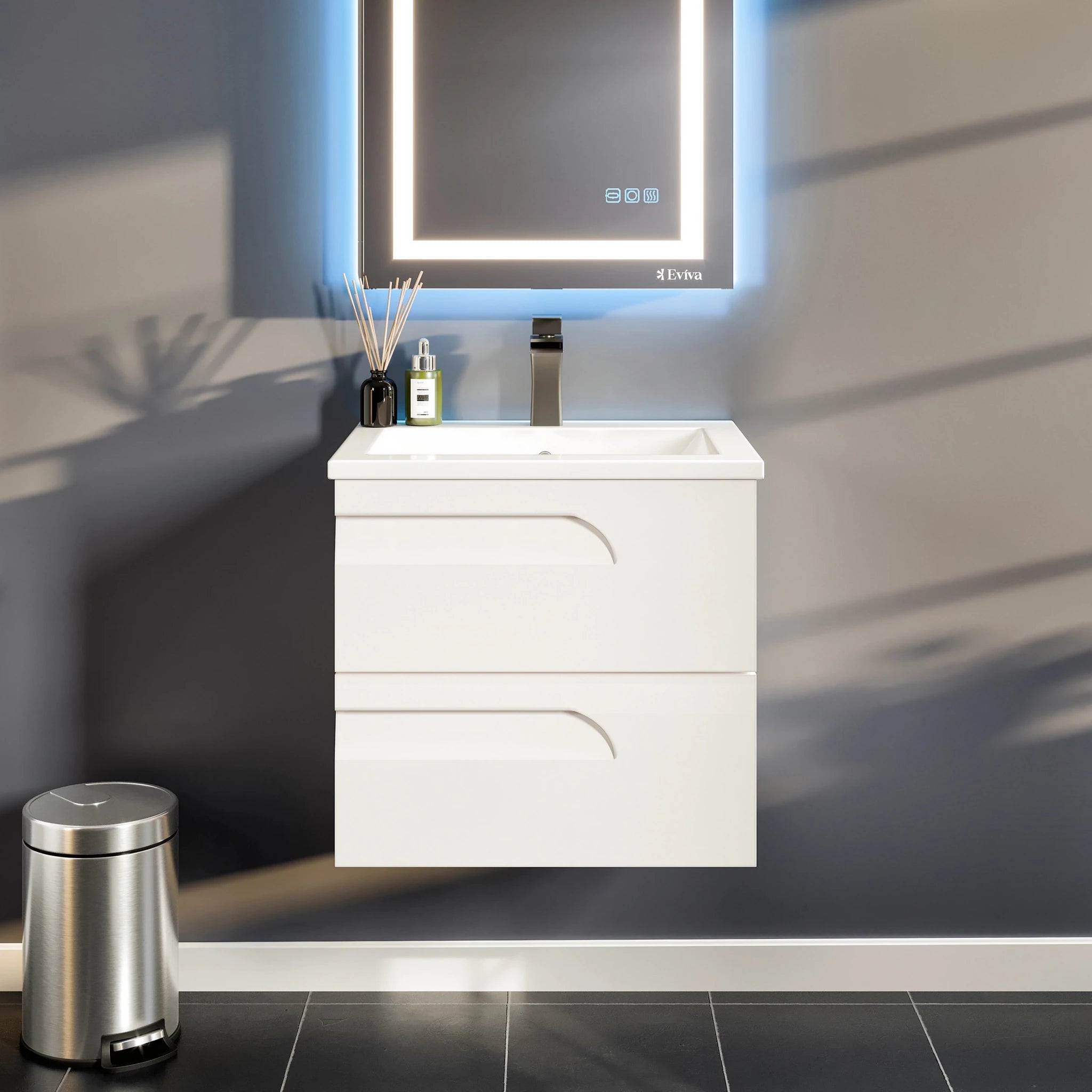Joy 24 in. White Wall Mount Single Sink Bath Vanity with Porcelain Top and Integrated Sink - Bathroom Vanity by Eviva