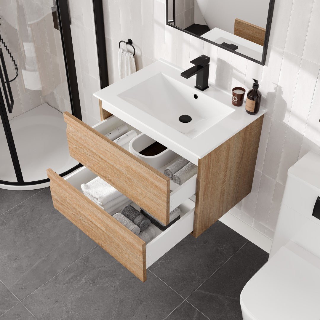 Joy 28 in. Maple Wall Mount Single Sink Bath Vanity with Porcelain Top and Integrated Sink - Bathroom Vanity by Eviva