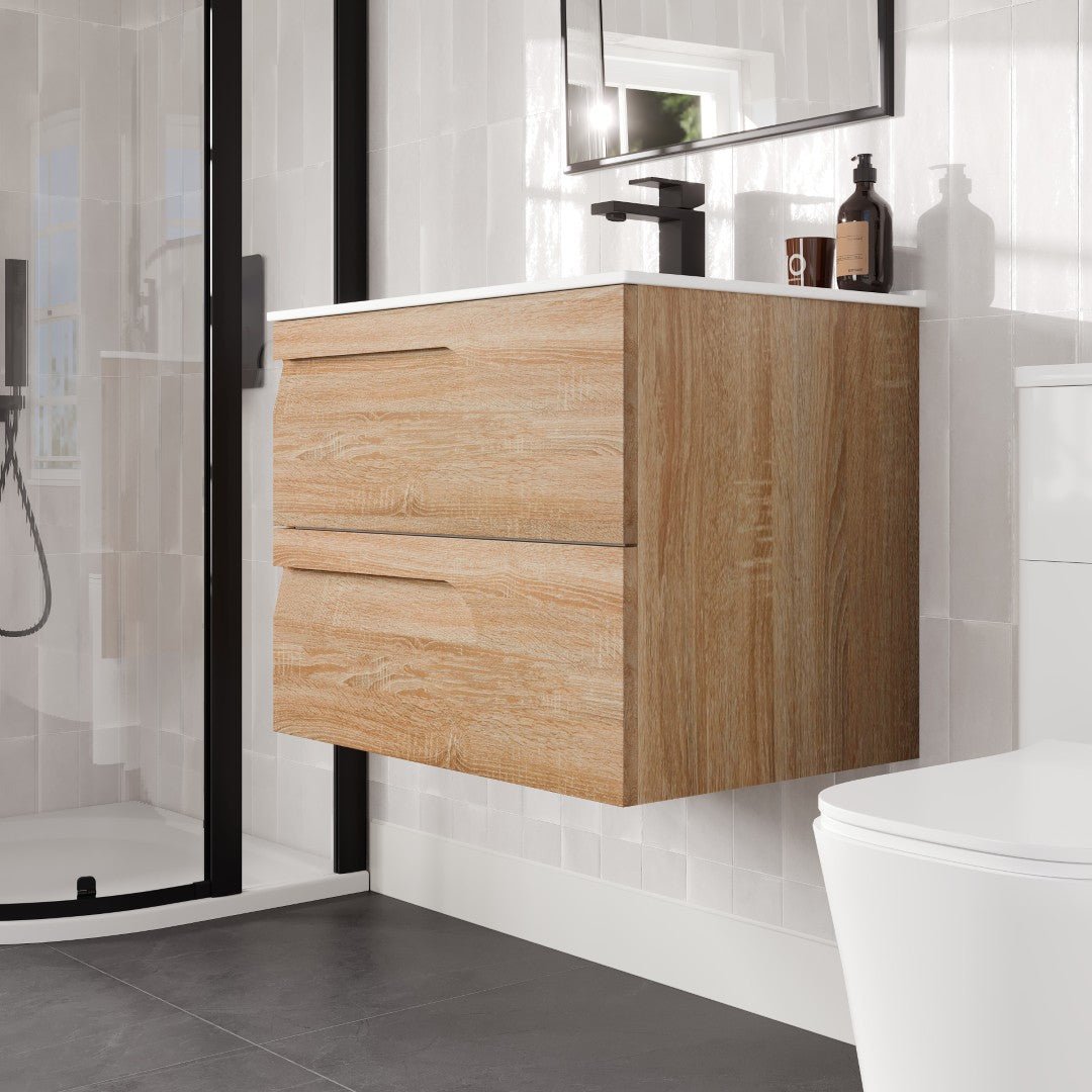Joy 28 in. Maple Wall Mount Single Sink Bath Vanity with Porcelain Top and Integrated Sink - Bathroom Vanity by Eviva
