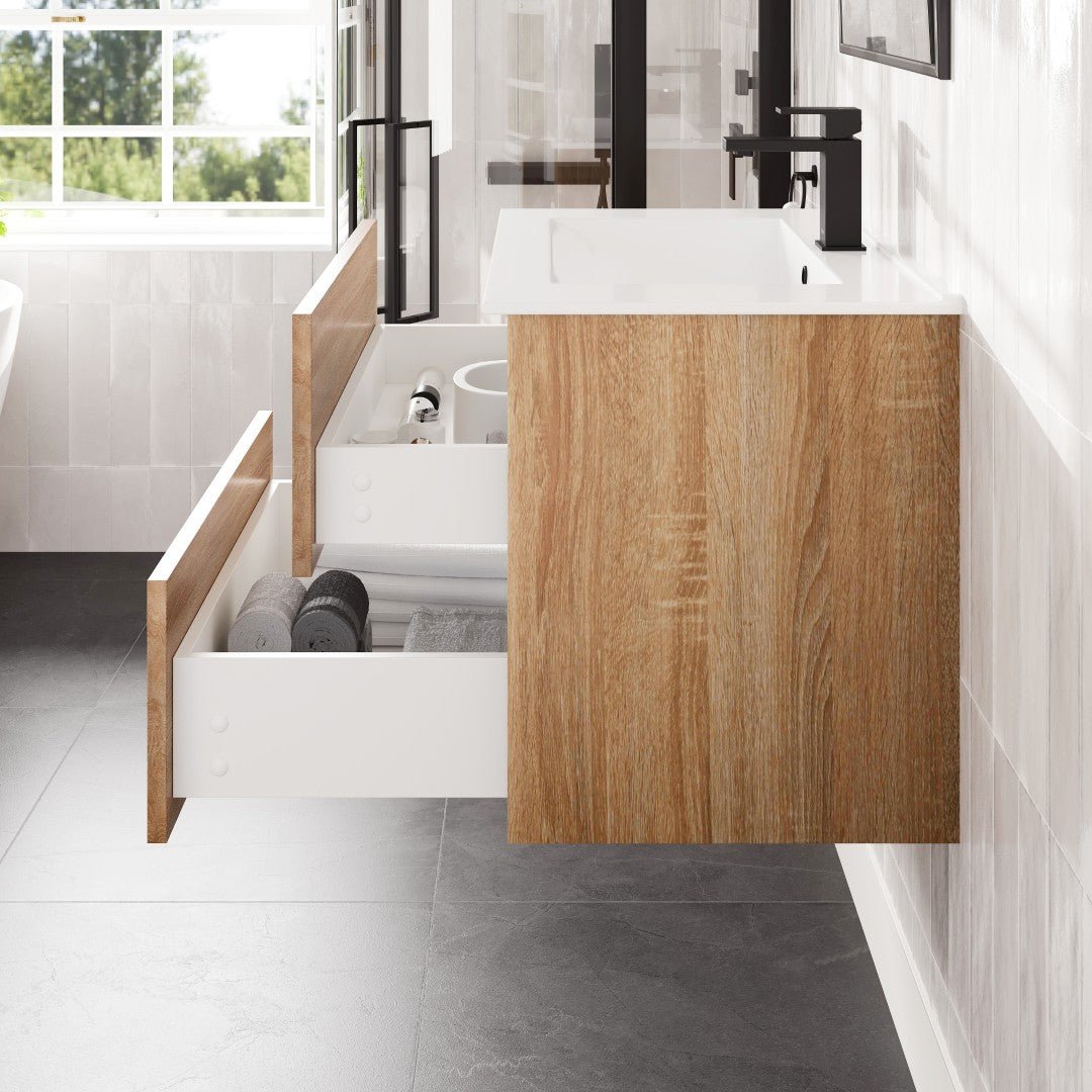 Joy 28 in. Maple Wall Mount Single Sink Bath Vanity with Porcelain Top and Integrated Sink - Bathroom Vanity by Eviva