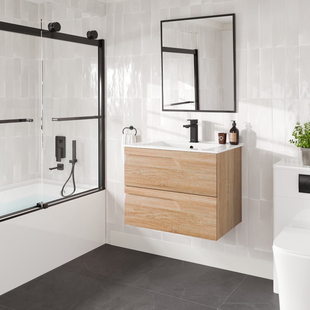 Joy 28 in. Maple Wall Mount Single Sink Bath Vanity with Porcelain Top and Integrated Sink - Bathroom Vanity by Eviva
