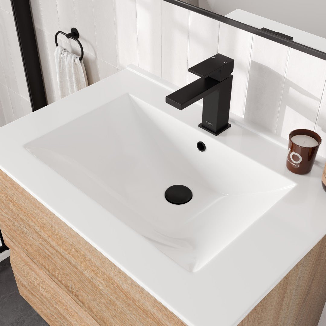 Joy 28 in. Maple Wall Mount Single Sink Bath Vanity with Porcelain Top and Integrated Sink - Bathroom Vanity by Eviva