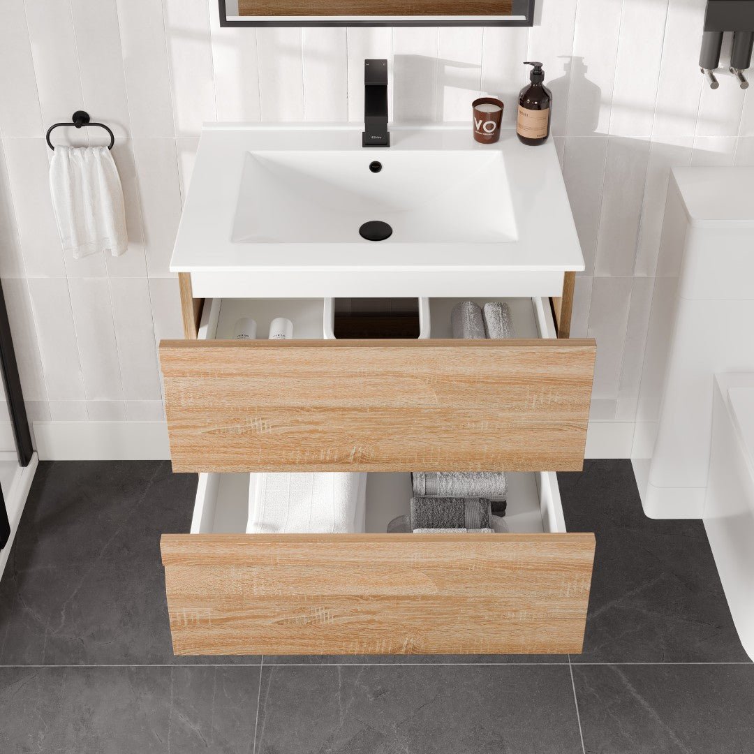 Joy 28 in. Maple Wall Mount Single Sink Bath Vanity with Porcelain Top and Integrated Sink - Bathroom Vanity by Eviva
