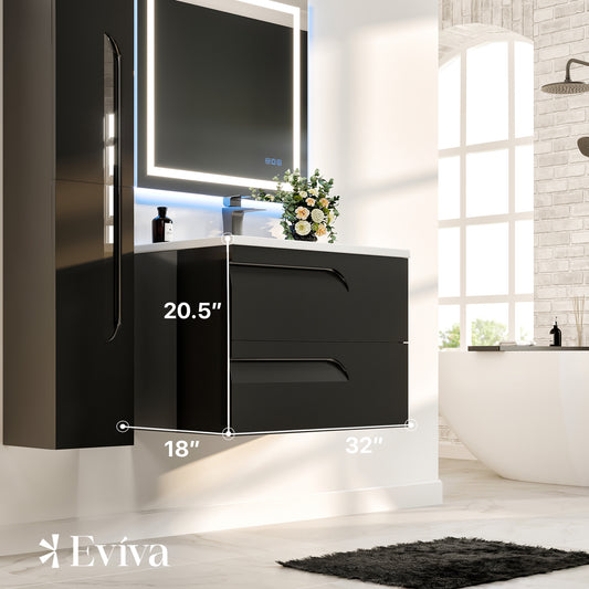 Joy 32"W x 18"D Black Wall Mount Bathroom Vanity with Porcelain Countertop and Integrated Sink