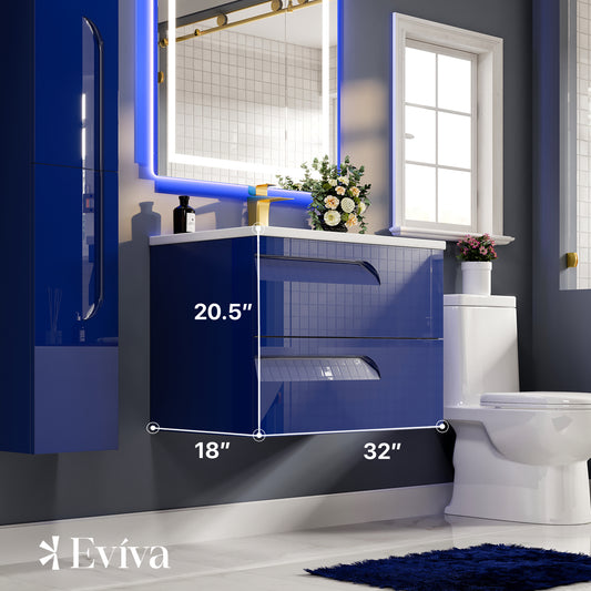 Joy 32"W x 18"D Blue Wall Mount Bathroom Vanity with Porcelain Countertop and Integrated Sink