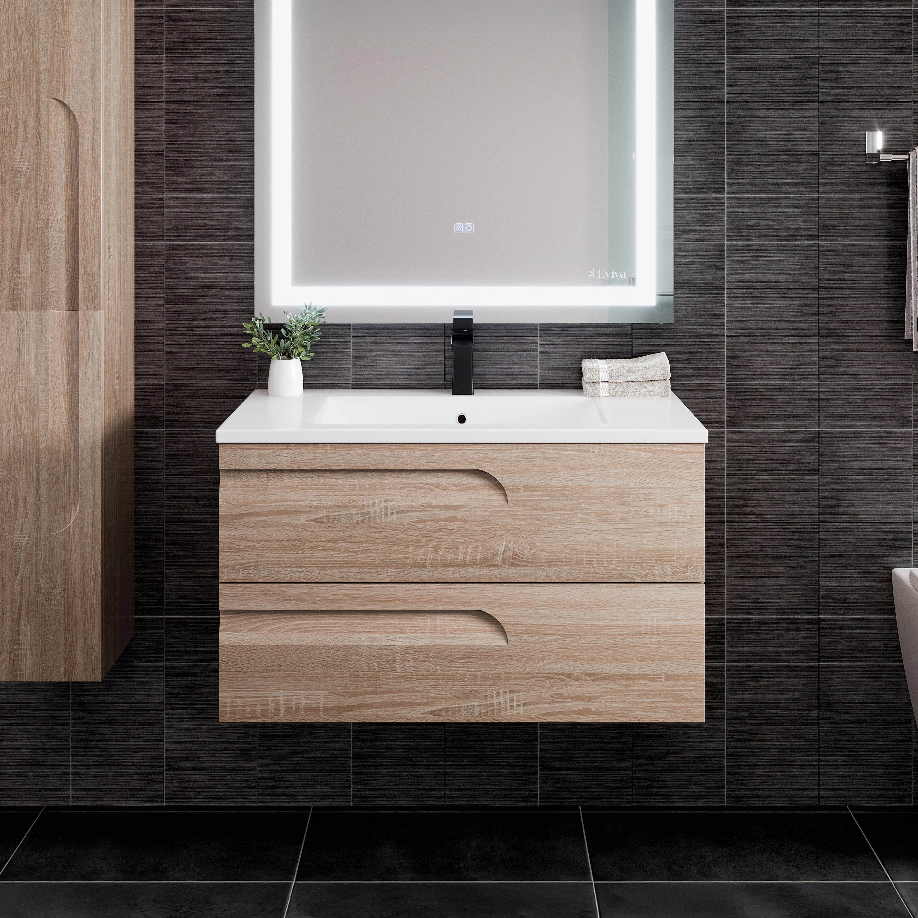 Joy 36 in. Maple Wall Mount Single Sink Bath Vanity with Porcelain Top and Integrated Sink