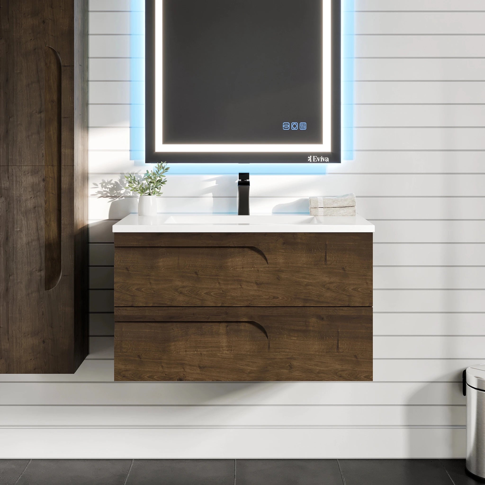 Joy 36 in. Rosewood Wall Mount Single Sink Bath Vanity with Porcelain Top and Integrated Sink - Bathroom Vanity by Eviva