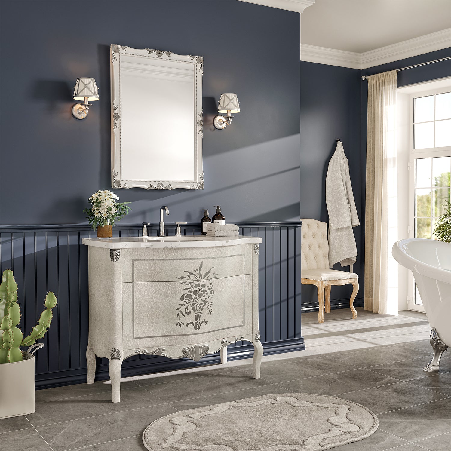 Eviva Monaco bathroom vanity with a white Carrara marble countertop and undermount sink.