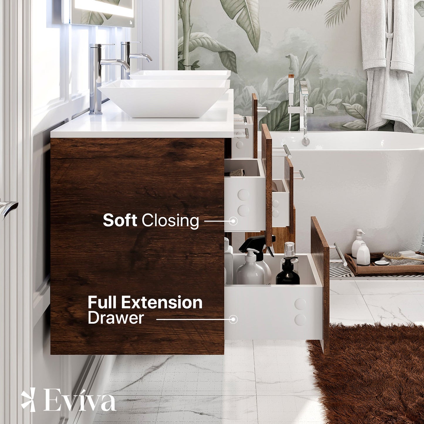 Luxurious 60"W x 22"D Rosewood Double Sink Wall Mount Bathroom Vanity with White Quartz Countertop and Vessel Porcelain Sink