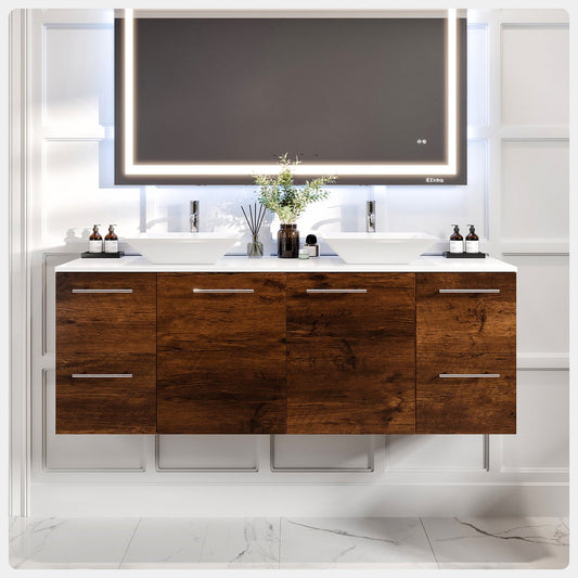 Luxurious 60"W x 22"D Rosewood Double Sink Bathroom Vanity with White Quartz Countertop and Vessel Porcelain Sink