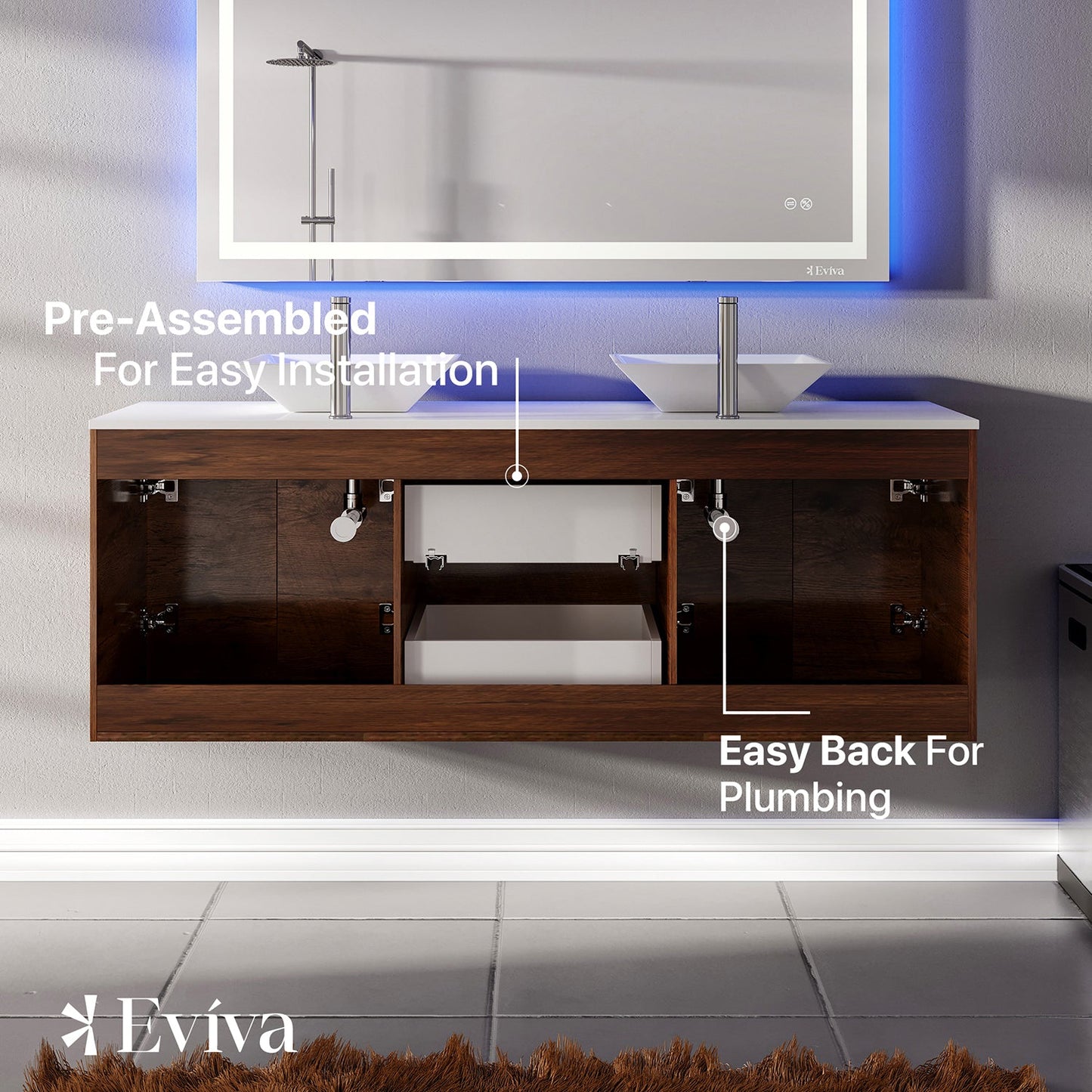 Lux 60"W x 22"D Rosewood Double Sink Wall Mount Bathroom Vanity with White Quartz Countertop and Vessel Porcelain Sink
