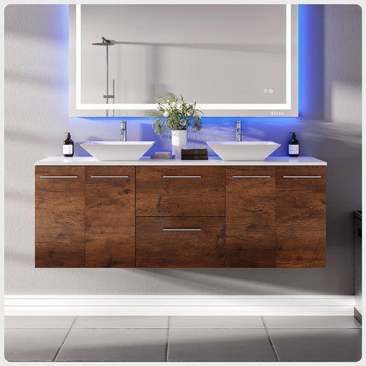 Lux 60"W x 22"D Rosewood Double Sink Bathroom Vanity with White Quartz Countertop and Vessel Porcelain Sink