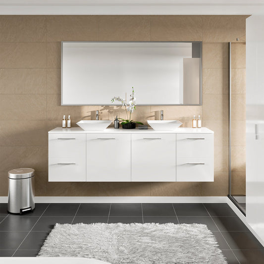 Luxy 71"W x 20"D White Double Sink Wall Mount Bathroom Vanity with White Quartz Countertop and Vessel Porcelain Sink
