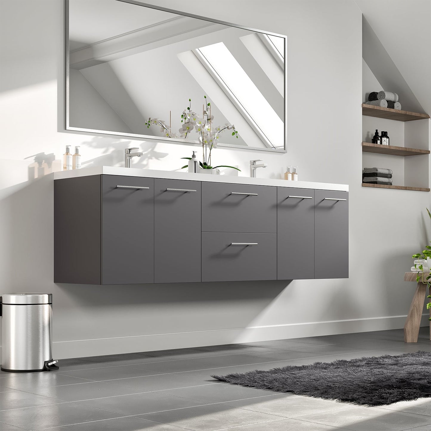 Axis 71"W x 20"D Gray Double Sink Wall Mount Bathroom Vanity with Acrylic Countertop and Integrated Sink
