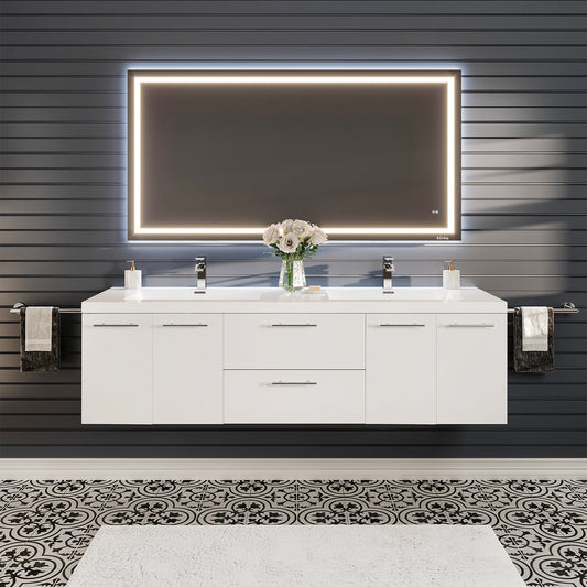 Axis 71"W x 20"D White Double Sink Wall Mount Bathroom Vanity with Acrylic Countertop and Integrated Sink
