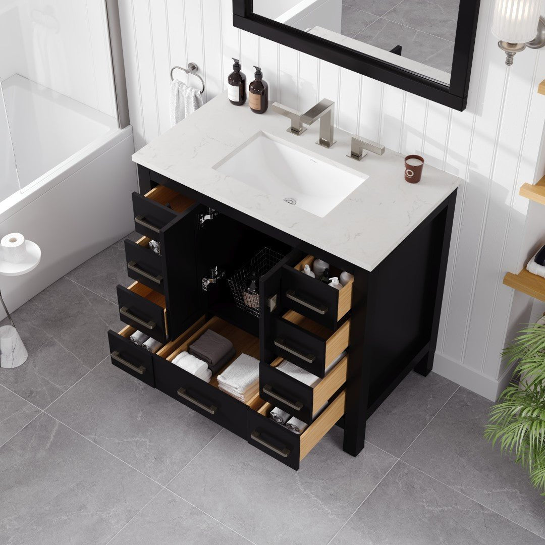 Hampton 36" x 22" Espresso Single Sink Bath Vanity with Carrara Quartz Top and Undermount Porcelain Sink - Bathroom Vanity by Eviva