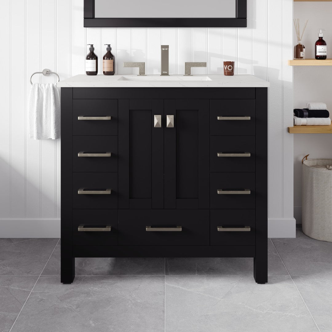 A black Eviva Hampton 36 inch single sink bath vanity with a white Carrara quartz top, undermount porcelain sink, and brushed gold hardware.