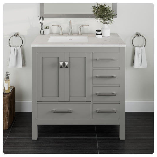 Aberdeen 36"W x 22"D Gray Bathroom Vanity with Carrara Quartz Countertop and Undermount Porcelain Sink
