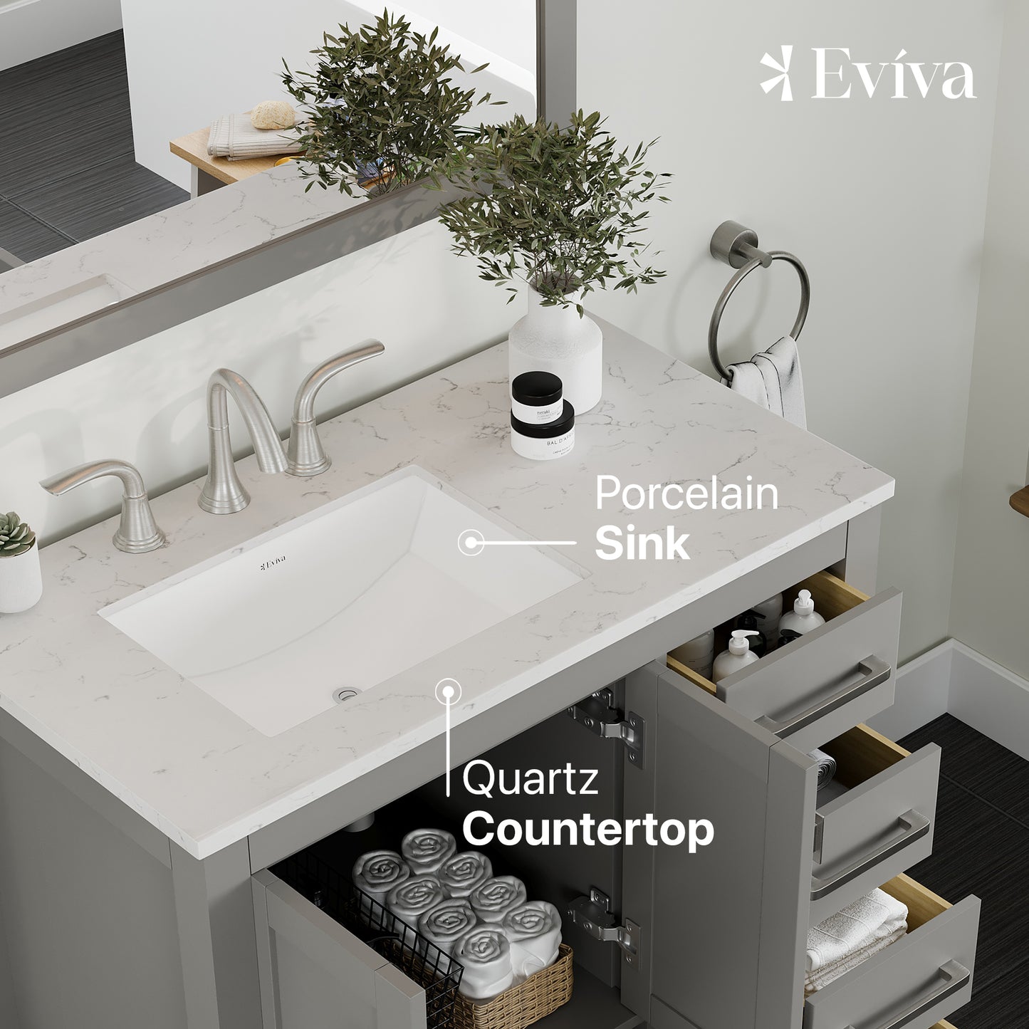 Aberdeen 36"W x 22"D Gray Bathroom Vanity with Carrara Quartz Countertop and Undermount Porcelain Sink
