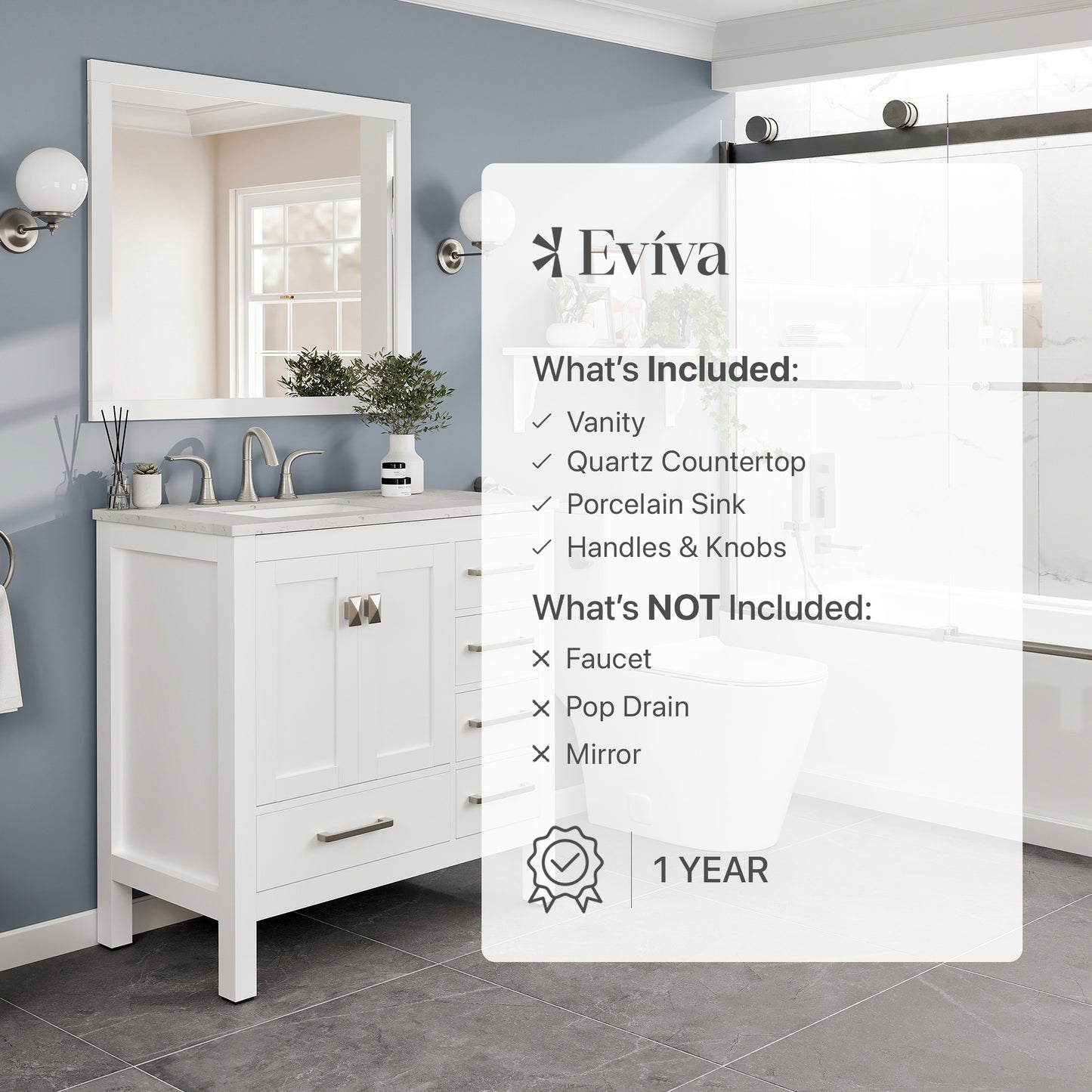Aberdeen 36"W x 22"D White Bathroom Vanity with Carrara Quartz Countertop and Undermount Porcelain Sink