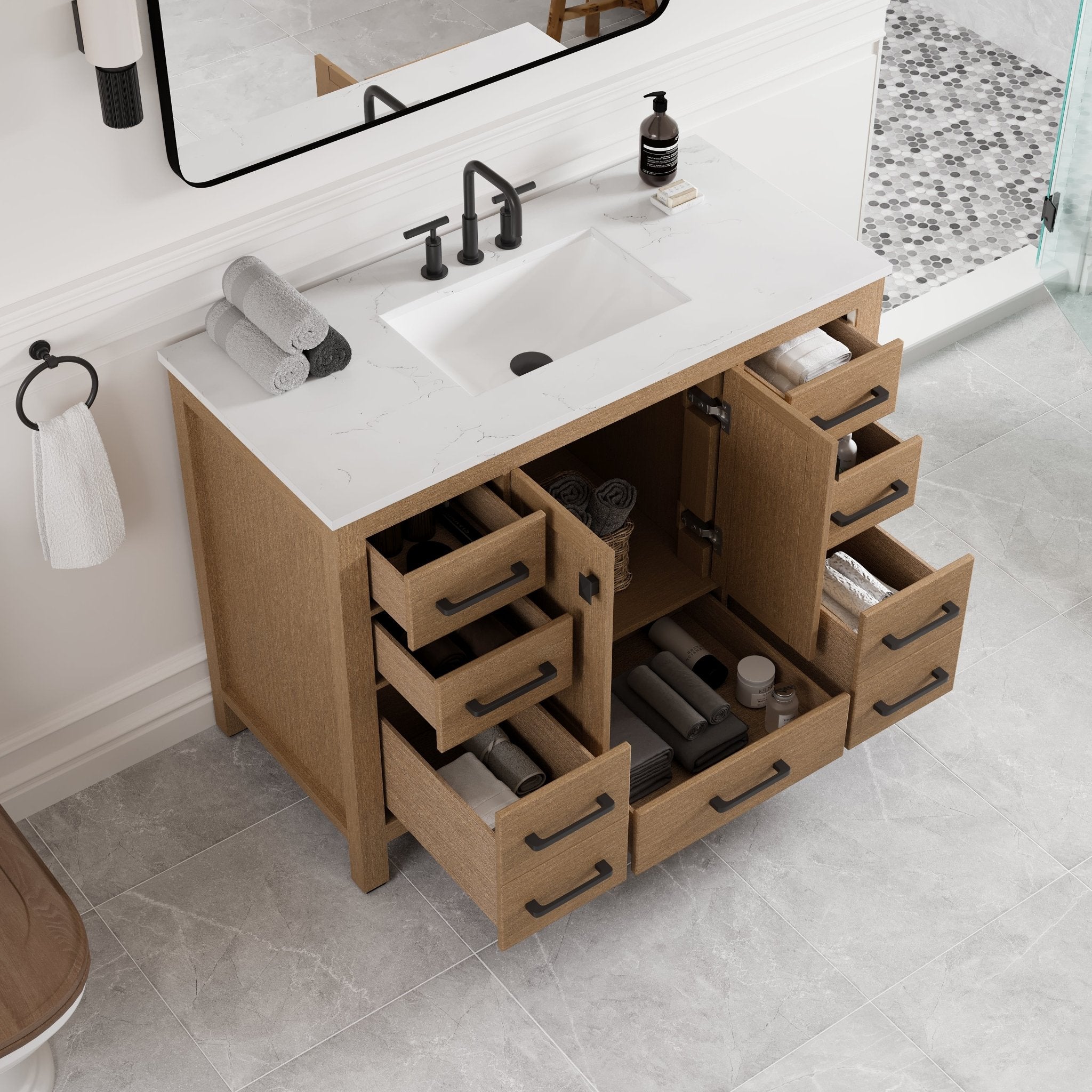 Aberdeen 42 in. Oak Single Sink Bath Vanity with Arabescato Engineered Stone Top and Undermount Porcelain Sink - Bathroom Vanity by Eviva