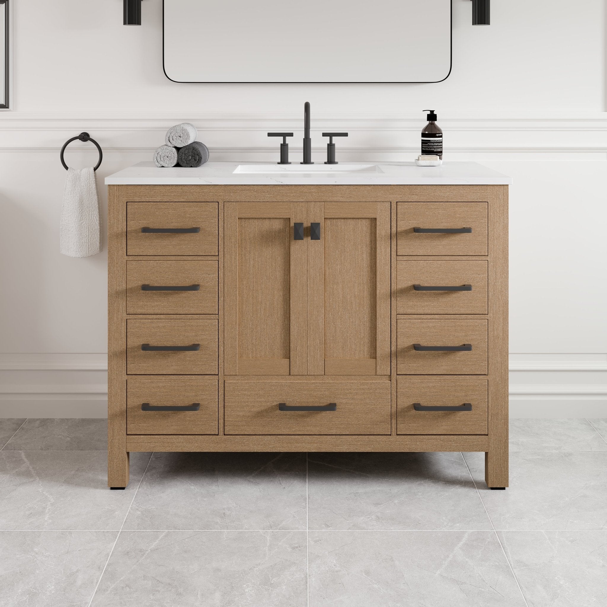 Aberdeen 42 in. Oak Single Sink Bath Vanity with Arabescato Engineered Stone Top and Undermount Porcelain Sink - Bathroom Vanity by Eviva