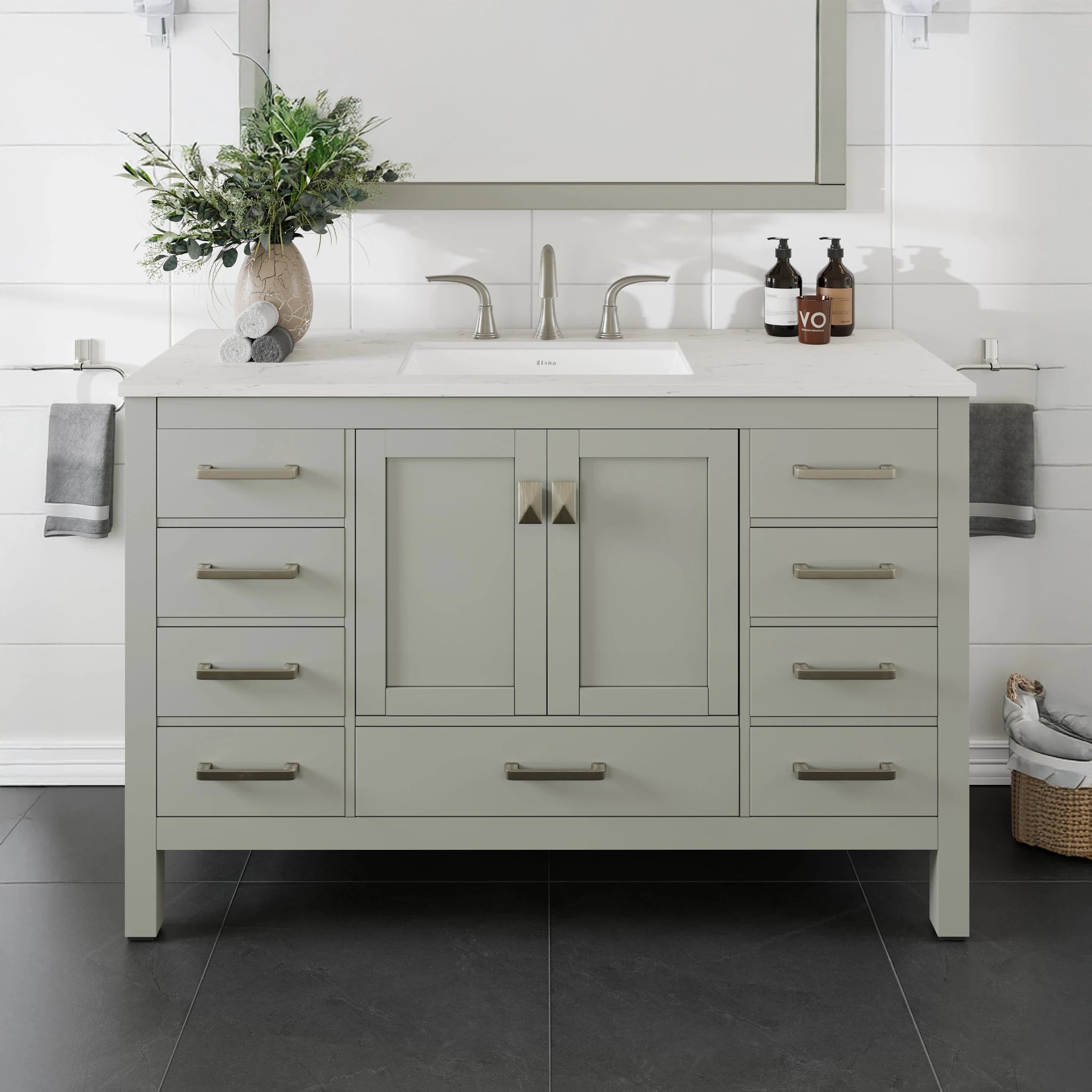 Aberdeen 54 in. Gray Single Sink Bath Vanity with Carrara Quartz Top and Undermount Porcelain Sink - Bathroom Vanity by Eviva