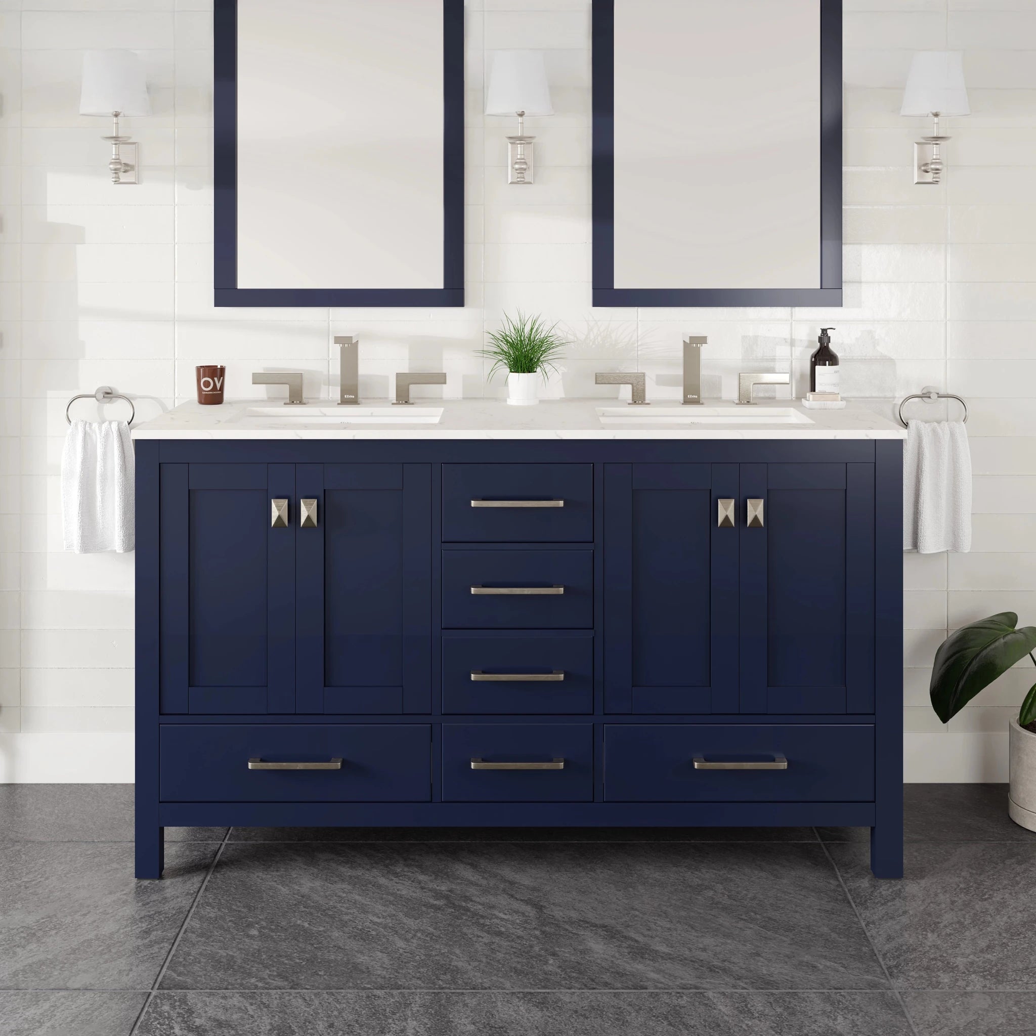 Aberdeen 60 in. Blue Double Sink Bath Vanity with Carrara Quartz Top and Undermount Porcelain Sinks - Bathroom Vanity by Eviva
