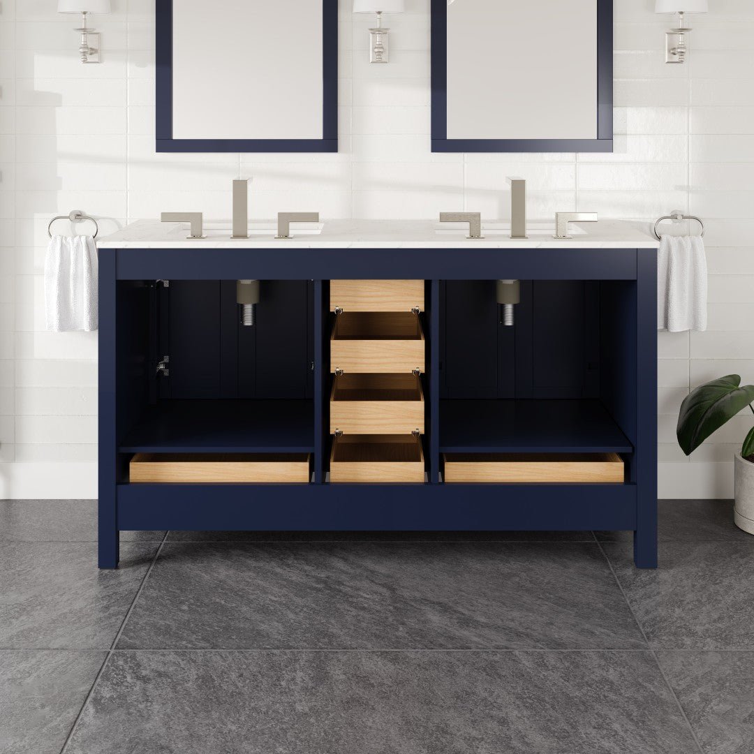 Aberdeen 60 in. Blue Double Sink Bath Vanity with Carrara Quartz Top and Undermount Porcelain Sinks - Bathroom Vanity by Eviva