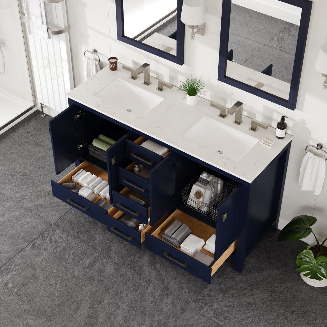Aberdeen 60 in. Blue Double Sink Bath Vanity with Carrara Quartz Top and Undermount Porcelain Sinks - Bathroom Vanity by Eviva