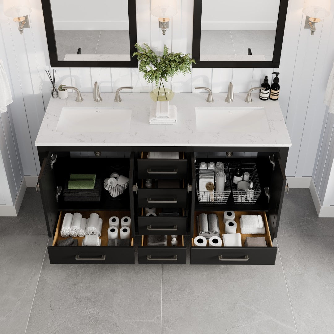 Aberdeen 60 in. Espresso Double Sink Bath Vanity with Carrara Quartz Top and Undermount Porcelain Sinks