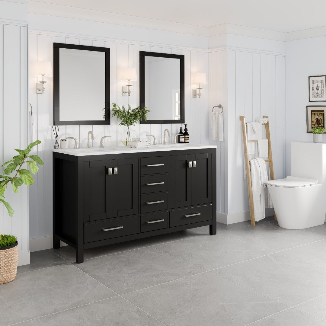 Aberdeen 60 in. Espresso Double Sink Bath Vanity with Carrara Quartz Top and Undermount Porcelain Sinks