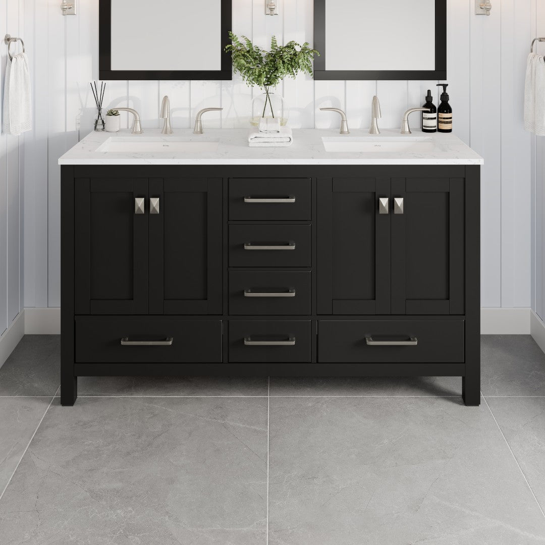 Aberdeen 60 in. Espresso Double Sink Bath Vanity with Carrara Quartz Top and Undermount Porcelain Sinks