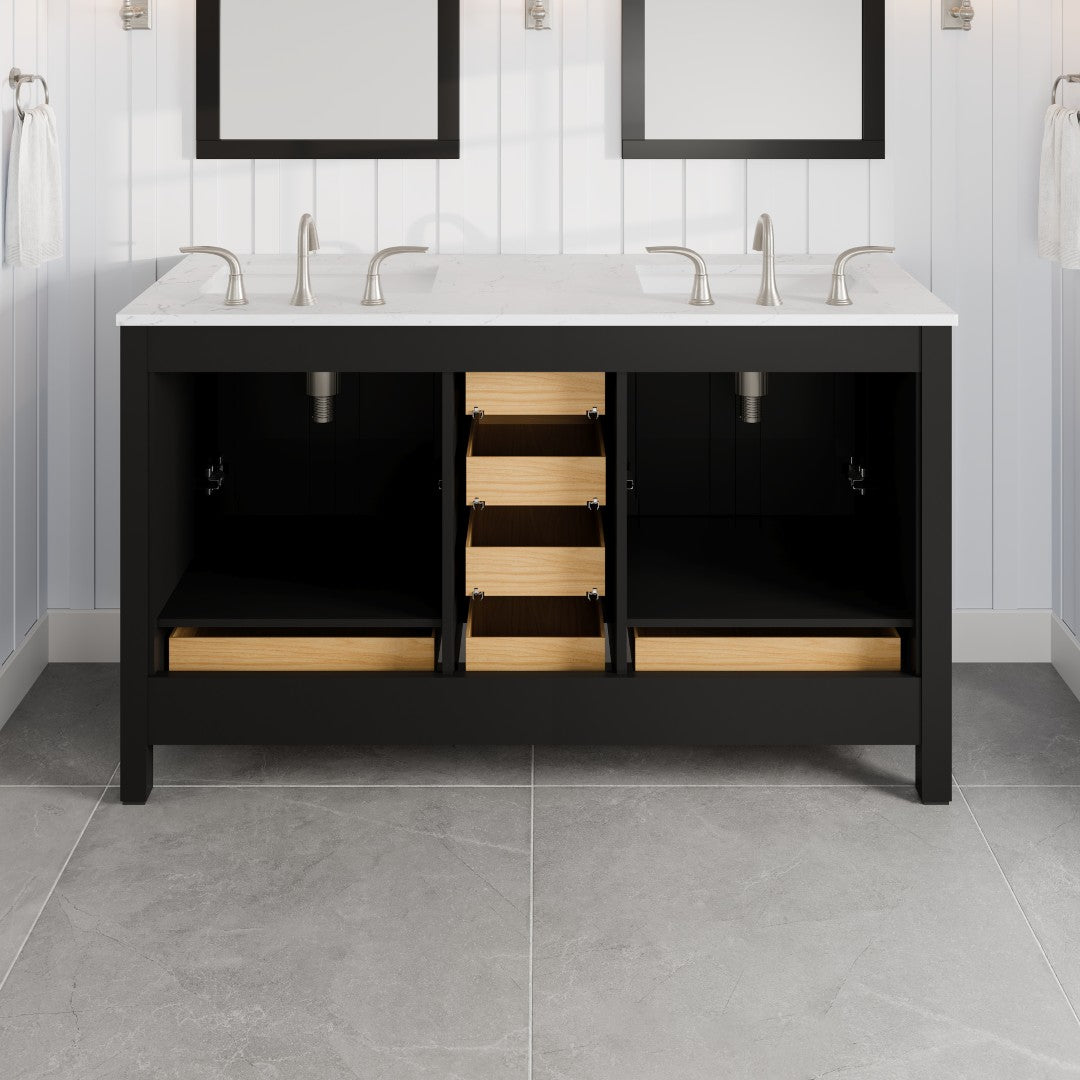 Aberdeen 60 in. Espresso Double Sink Bath Vanity with Carrara Quartz Top and Undermount Porcelain Sinks