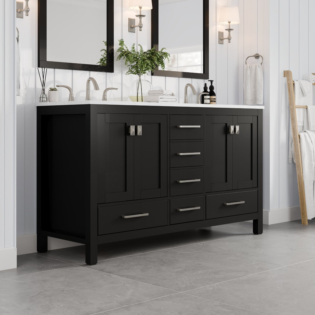 Aberdeen 60 in. Espresso Double Sink Bath Vanity with Carrara Quartz Top and Undermount Porcelain Sinks